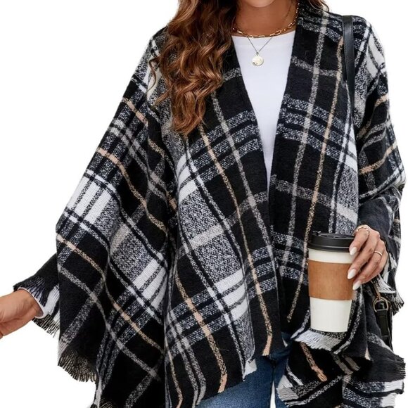 Women Boho Buffalo Plaid Poncho Pashmina Shawl Wrap Cape Sweater Knitting Cardig - Picture 1 of 5